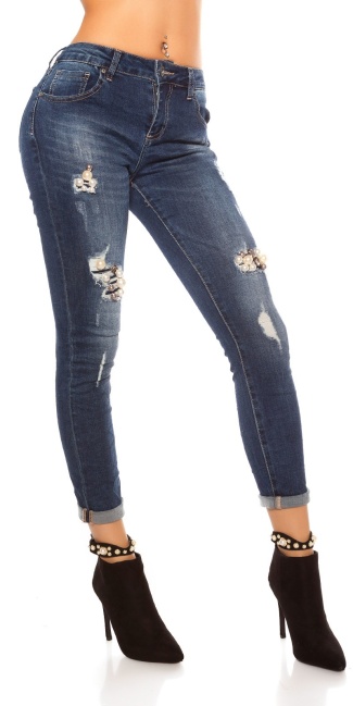 Skinny Jeans Used look with pearls Jeansblue